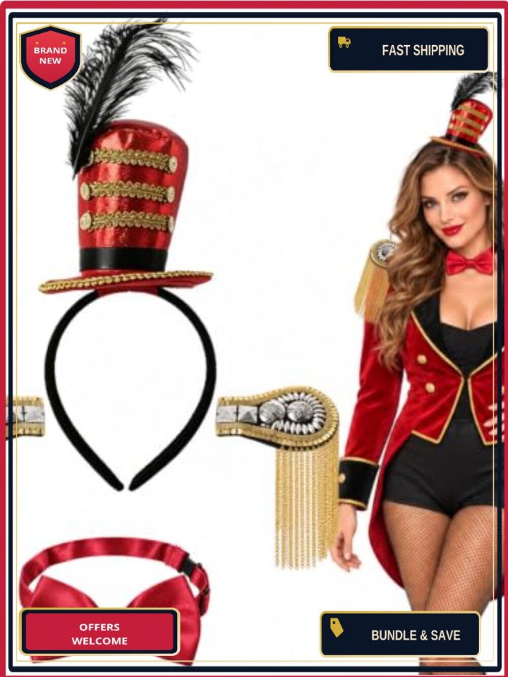 3-Piece Ringmaster Costume Accessory Set Feather Top Hat Epaulettes Bow Tie